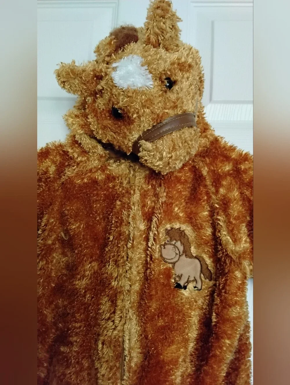 Cozy Brown Fuzzy Pony Baby One-Piece Costume with Hood